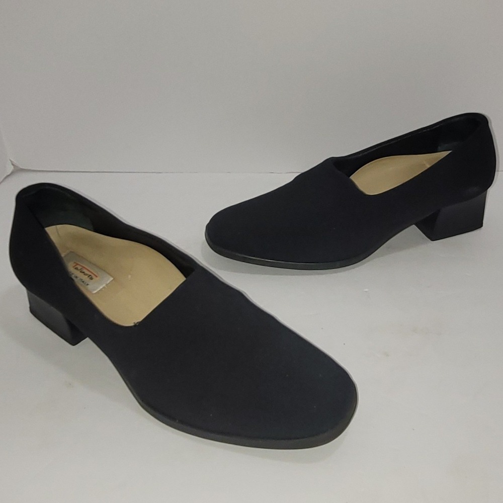 Talbots Black Stretch Fabric Low block Heel Slip-On Sz 7 Office‎ Goth Minimalist